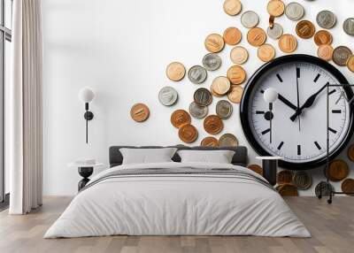 A clock surrounded by coins, symbolizing the passage of time and the value of money in a minimalist style. Wall mural