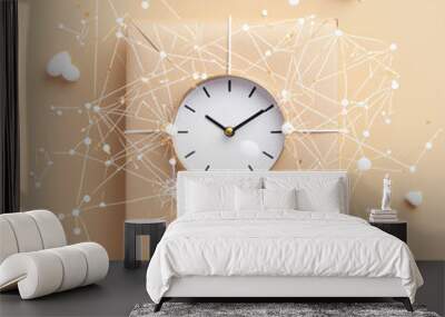 A digital clock on wrapped package symbolizes integration of technology and time. surrounding hearts add touch of warmth and affection. Wall mural