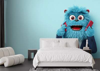 A fluffy blue monster in business suit is joyfully making phone calls, showcasing playful and whimsical character. bright background adds to cheerful atmosphere Wall mural