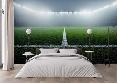 A low angle view of soccer field corner under stadium lights, creating dramatic atmosphere. fog adds mysterious touch to scene, enhancing excitement of game Wall mural