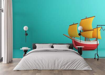 A vibrant and playful illustration of classic sailing ship with yellow sails, set against bright turquoise background. This whimsical design evokes sense of adventure and nostalgia Wall mural