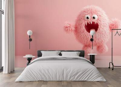 Fluffy pink monster hopping joyfully across soft pink background, showcasing its playful and vibrant character. This adorable creature brings sense of fun and whimsy to any setting Wall mural