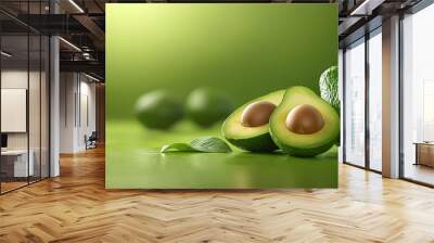 Fresh, vibrant, organic avocados cut in half, showcasing their creamy texture and rich color. Perfect for healthy meals and snacks, these Non GMO avocados are farm fresh delight Wall mural