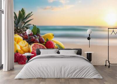 Fresh fruit arrangement on beach at sunrise, evoking serene atmosphere Wall mural