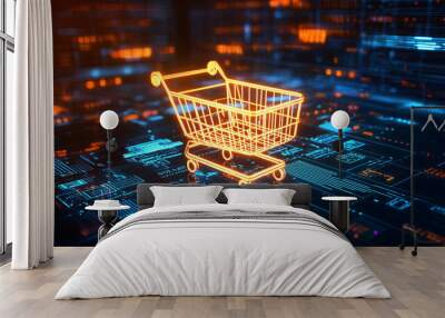 Futuristic digital shopping cart glowing in cyberspace, symbolizing modern commerce Wall mural