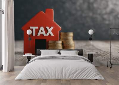 Tax planning is essential for homeowners, represented by red house with TAX and stacked coins, symbolizing financial management and investment Wall mural