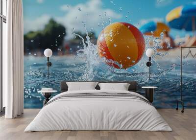 vibrant beach ball splashes into water, creating ripples and joy Wall mural