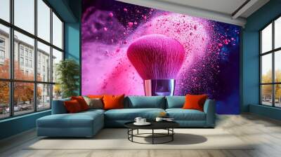 Vibrant pink makeup brush releasing colorful powder in dynamic explosion Wall mural