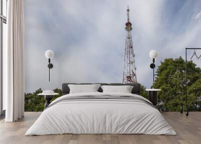 A tall, slender television tower stands against the backdrop of trees and sky Wall mural