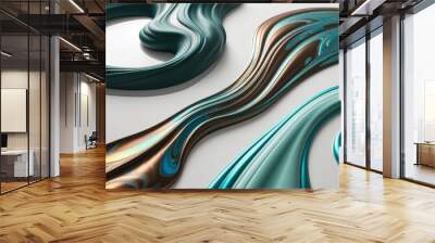 Abstract liquid swirls in teal, turquoise, and copper on white background Wall mural