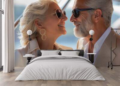 a wealthy, well dressed, attractive retired couple looking at eachother smiling on a yacht in the sunshine Wall mural