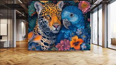 Brazilian fauna and flora, two characters, a jaguar and a blue macaw covered in flowers by harryfinney, bold manga lines, in the style of portraits Wall mural