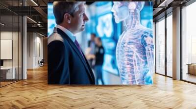 Businessman looking at a futuristic robot in robotics exhibition Wall mural