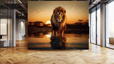 Portrait of a lion standing in water at sunset Wall mural