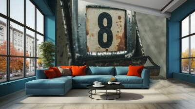 Day 8 number on metal rusty vintage calendar. Bad day concept. Wall mural