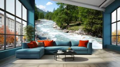 Mountain river with forest Wall mural