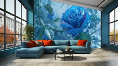 A real rose with many green leaves on its branches, many crystal clear broken ice blue roses blue crystal dew on the roses Wall mural