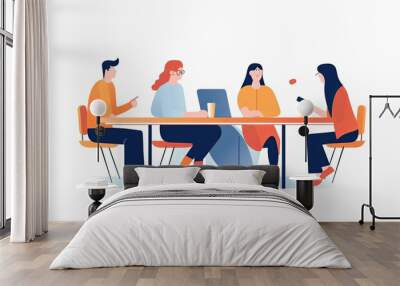 Minimalist character illustrations in Notion style, white background, with a group of people sitting at a table Wall mural