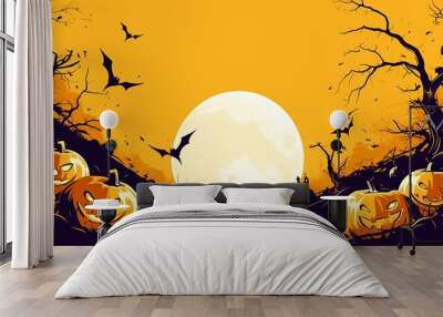 Vector Halloween pumpkins with bats and a moon on an orange background Wall mural