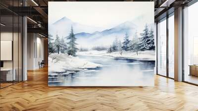 Watercolored artwork of a winter landscape Norway-style Wall mural