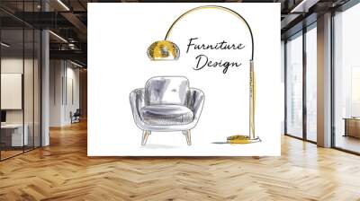 armchair sketch. hand drawn chair. vector furniture illustration. mid century modern interior design.  Wall mural