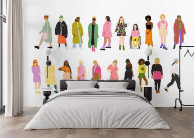 Set of diverse women characters vector illustration. female fashion. Architecture people cutouts. Wall mural