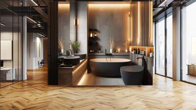 modern bathroom interior with toilet and bath,in gray with wood elements. Wall mural