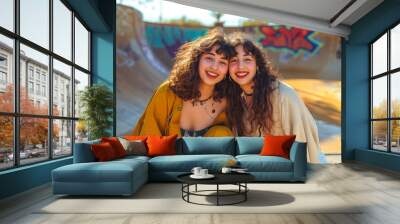 Girls smiling at the skate park. Skater girls posing for the camera. Wall mural