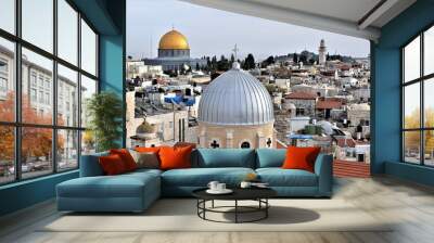 roofs of the old city in jerusalem with church and cross up hill Wall mural