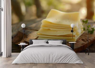 Stack of Swiss Cheese Slices on Rustic Wooden Board Wall mural