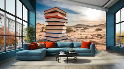 A stack of books on a rock in a desert landscape, with sand dunes and a sunny sky in the background Wall mural