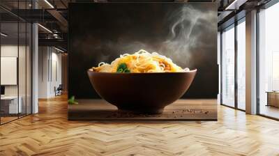 Noodles with steam and smoke in bowl on wooden background generative ai Wall mural