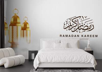 Ahlan wa Sahlan Ramadan Kareem means welcome ramadan. Wallpaper design template with 3d illustration of lantern surrounding in clouds, happy muslim holiday background in gold color. Wall mural