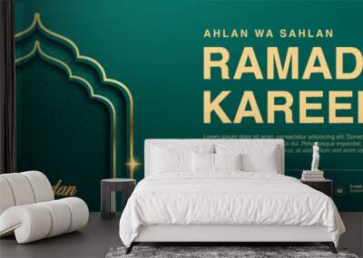 Realistic Ramadan Kareem holiday banner design with 3d golden mosque door. web poster, flyer, stylish brochure, greeting card, cover. Vector illustration.  Wall mural