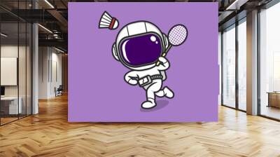 cute cartoon astronaut playing badminton. vector illustration for mascot logo or sticker Wall mural