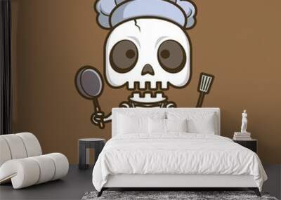 cute cartoon skull character become a chef. vector illustration for mascot logo or sticker Wall mural