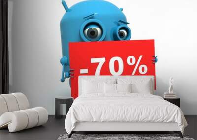 Cute blue robot advertising 70 % discount. Wall mural