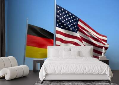 Germany and American flags waving in the wind with a blue sky background. 3d illustration Wall mural