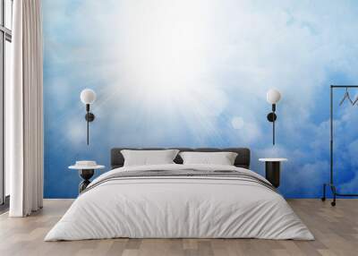 Sun on a blue sky with rays and flare, abstract background Wall mural