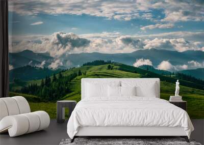 Breathtaking panorama of morning wild nature high in mountains Wall mural