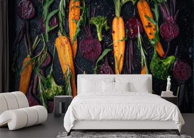 Top view of vegetables for roasting on dark background Wall mural