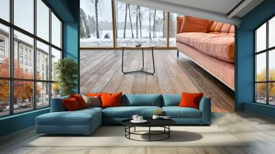 Close-up of natural wood parquet floor in living room in country house with table and sofa Wall mural