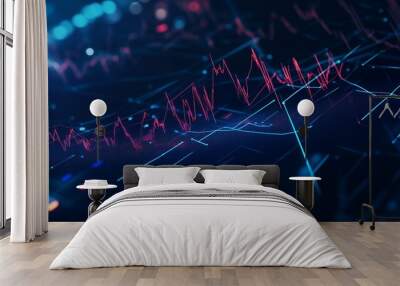 Abstract digital background with lines and dots in blue and red hues. Wall mural