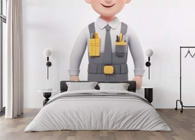 A cheerful cartoon character in work attire holding tools, representing a professional worker. Wall mural