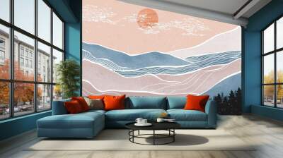 Creative minimalist hand painted illustrations of Mid century modern. Abstract contemporary aesthetic backgrounds landscapes. with mountain, forest and Ocean wave line art Wall mural