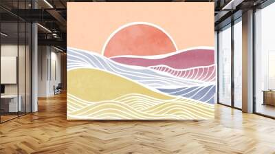 Creative minimalist modern paint and line art print. Abstract ocean wave and mountain contemporary aesthetic backgrounds landscapes. with sea, skyline, wave. vector illustrations Wall mural