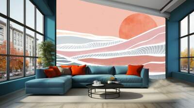 Creative minimalist modern paint and line art print. Abstract ocean wave and mountain contemporary aesthetic backgrounds landscapes. with sea, skyline, wave. vector illustrations Wall mural