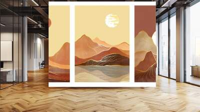 Mid century modern mountain art print on set. Abstract contemporary aesthetic backgrounds landscapes. vector illustration of mountain, sea, sky moon and sun Wall mural