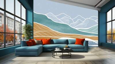 Mid century modern mountain art print. Abstract contemporary aesthetic backgrounds landscapes. illustration of mountain, sea, sky and sun Wall mural