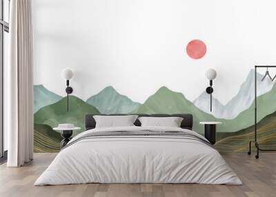 Mountain landscape watercolor painting illustration with line art pattern. Abstract contemporary aesthetic backgrounds landscapes. mountains, hills, sun and skyline Wall mural